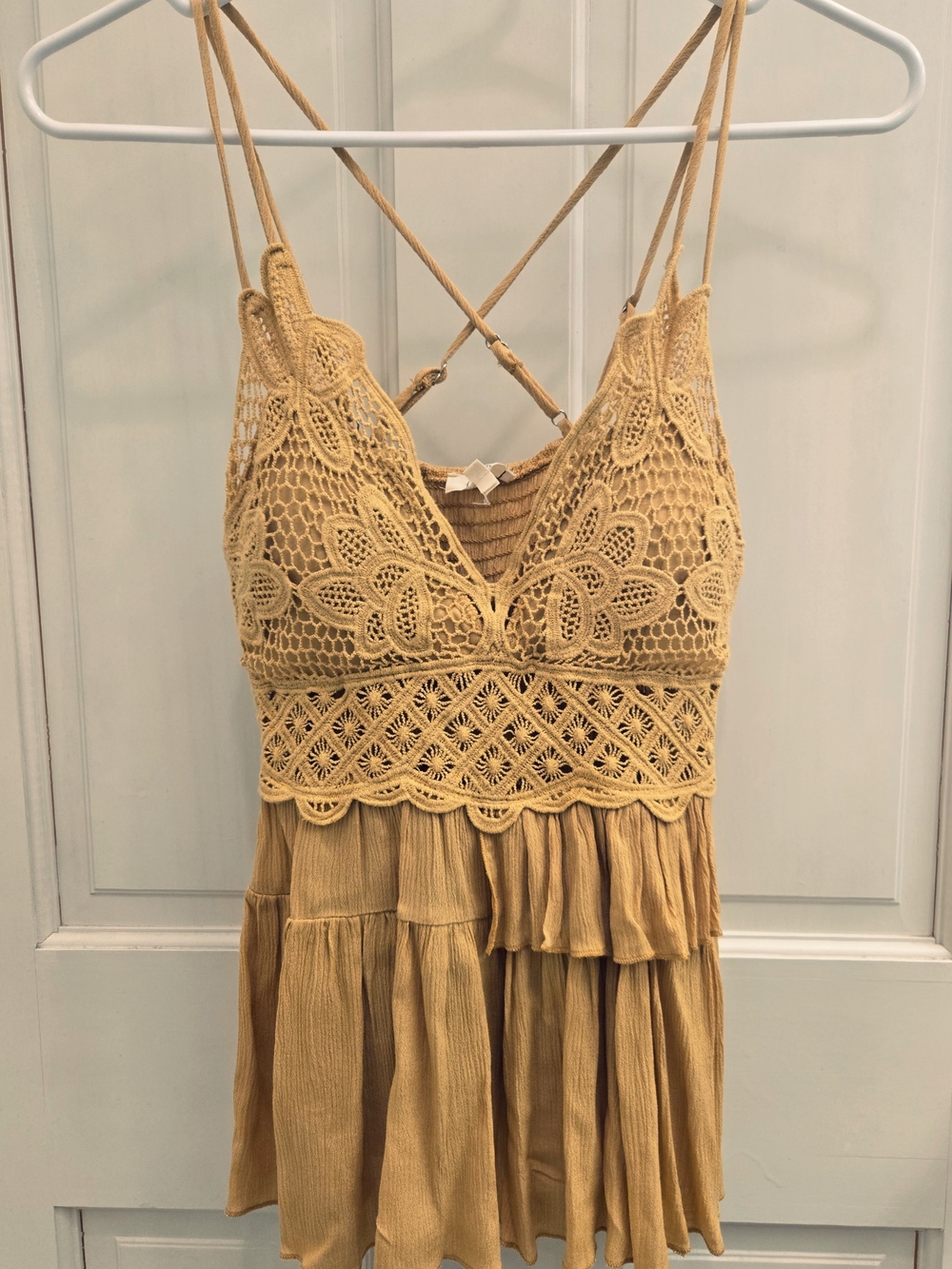 LA MIEL Crochet Bodice Tiered Tank Top in Mustard